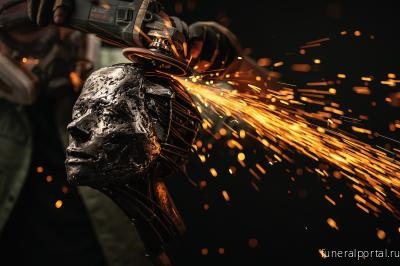 Искры во тьме: фотограф устроил мрачную фотосессию скульптору с металлическим черепом